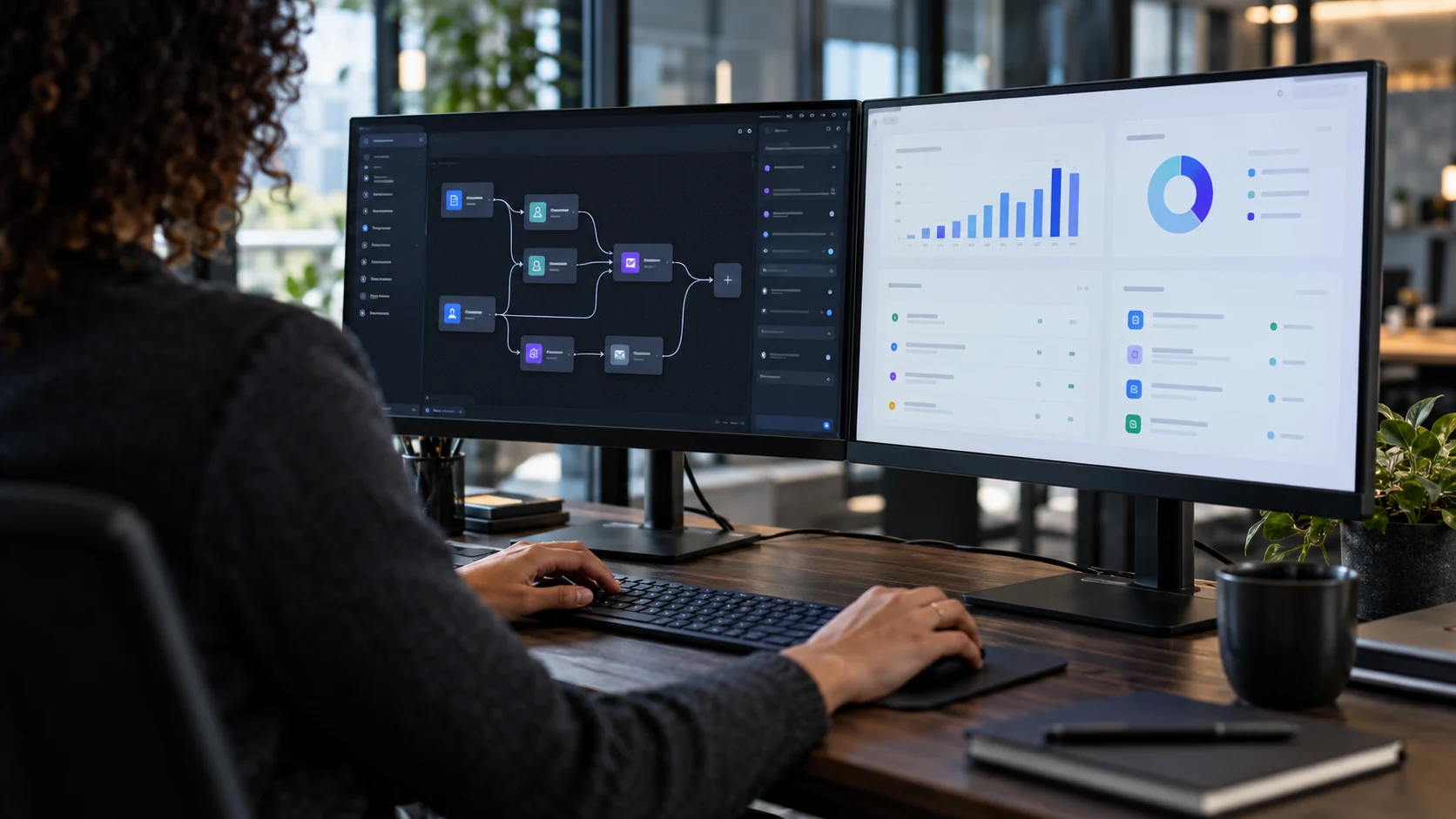 Specialist working with illustrative automation and dashboard interfaces