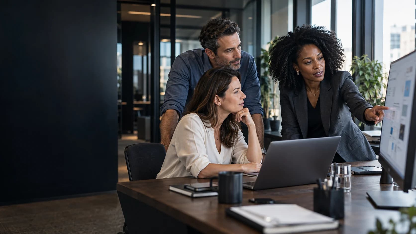 Professionals reviewing a business workflow together in a modern office